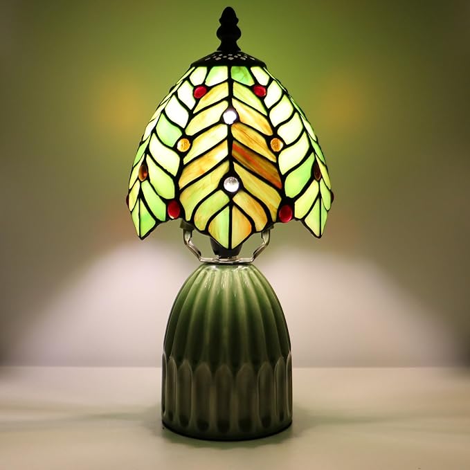 Stained Glass Mushroom Table Lamps 6X6X12.5 Inch Green Coconut Leave Style Small Night Light Ceramic Base Mini Accent Desk Light Suitable for Bedside Table Bedroom Children Room