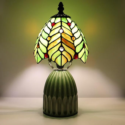 Stained Glass Mushroom Table Lamps 6X6X12.5 Inch Green Coconut Leave Style Small Night Light Ceramic Base Mini Accent Desk Light Suitable for Bedside Table Bedroom Children Room