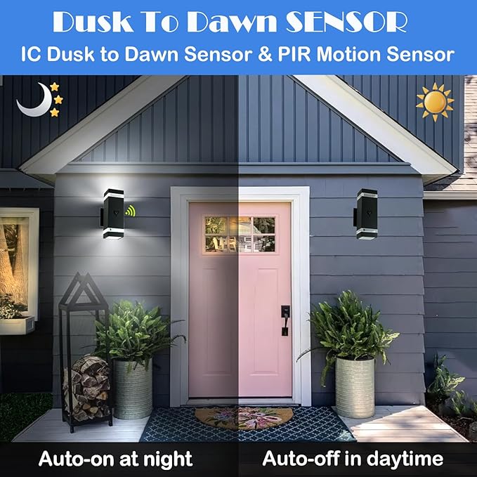 Motion Sensor Outdoor Wall Lights with 3 Lighting Modes, Dusk to Dawn Porch Light with Bulbs Include, IP65 Waterproof Modern Black Wall Sconce for Patio, Garage, Front Door