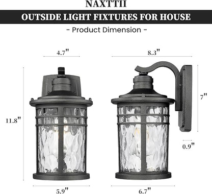Exterior Lighting Fixture 12 Inch Outdoor Wall Lights Modern Porch Light with Water Ripple Glass Black Finish E26 Socket 2-Pack