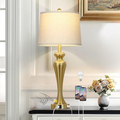 30 Inch Gold Table Lamp Single, 3-Way Dimmable Touch Lamp for Nightstand with USB A+C Ports and AC Outlet, Tall Bed Side Lamps for Living Room, Modern Brass Lamps for Bedroom Side End Table