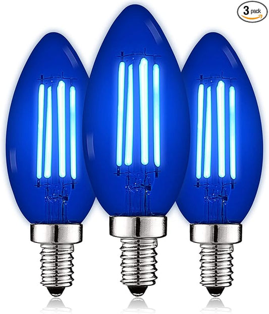 LUXRITE E12 LED Filament Blue Light Bulb, 4.5W (40W Equivalent), Colored Glass Candelabra Bulb, UL Listed, E12 Base, Indoor Outdoor, Porch, Decoration, Party, Holiday, Event, Home Lighting (3 Pack)