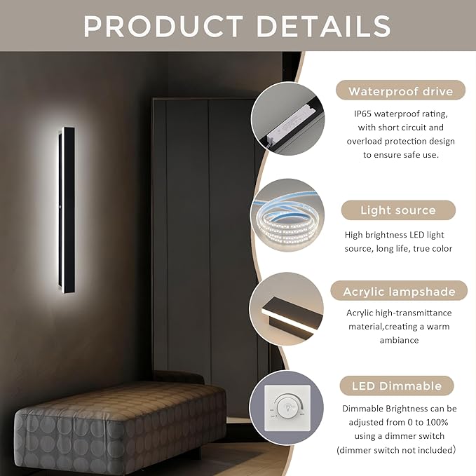 2pcs Modern Long Outdoor Wall Light 39.4in Black Exterior Wall Lighting IP65 Waterproof Garage Outdoor Wall Sconce 3000K-6000K Dimmable LED Lights Linear Wall Light for House Porch Patio