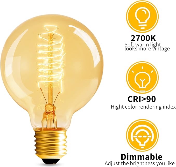 G25 Globe Edison Bulbs, 6-Pack 60w Vintage Edison Light Bulb, Spiral Filament Edison Bulbs, E26 Base - Amber Glass Warm Light - 120V 2700K Dimmable - G80 Decorative Lightbulbs