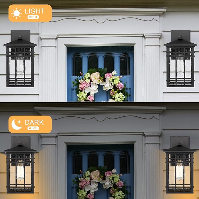 Outdoor Wall Lantern, Exterior Light Fixture Wall Mount, 1-Light Waterproof Outdoor Lighting Fixture with Seeded Glass for Porch, Garage, Patio, Hallway, Entryway, Black