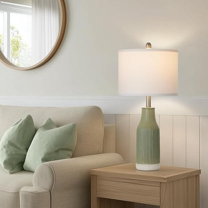 24.5" Ceramic Table Lamps Set of 2, Modern Farmhouse Bedside Lamps for Bedroom Nightstand, Small Light Green Lamp for Living Room End Table (2 LED Bulbs Included)