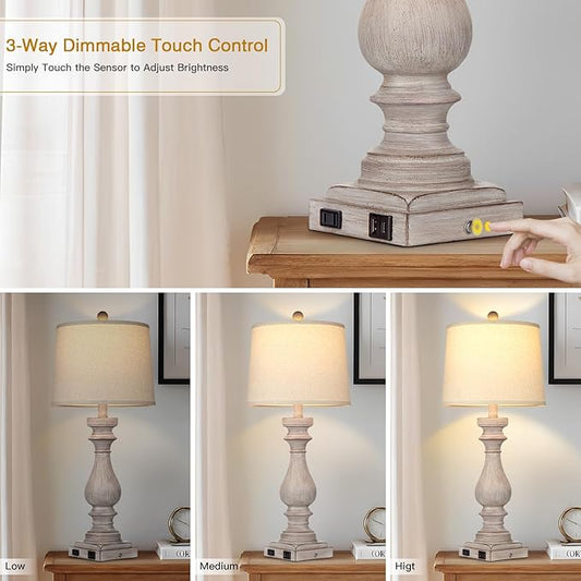 29" Farmhouse Table Lamp for Living Room,Vintage Bedside Lamp with USB C+A Ports & AC Outlet,3-Way Dimmable Touch Control Gray Washed Finish Nightstand for Bedroom, Single Gray
