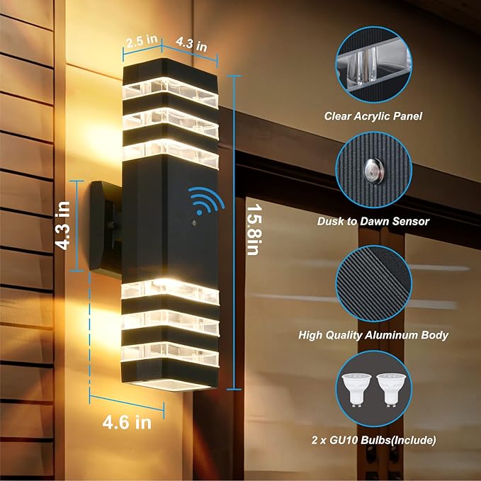 DASTOR Dusk to Dawn Outdoor Lighting, Square Up and Down Outdoor Wall Light, Aluminum Waterproof Exterior Light Fixture for House Porch Garage