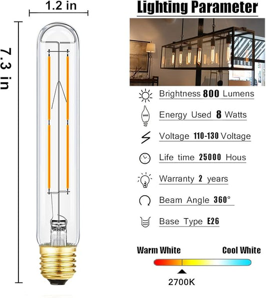 4 Pack T10 LED Bulb 8W Dimmable E26 Base Tubular Light Bulb 2700K Warm White 75W Equivalent 800lm 7.3in Bulb for Rustic Pendant, Wall scones Tube Light Bulbs Desk Lamp Vintage Edison Long Light Bulbs