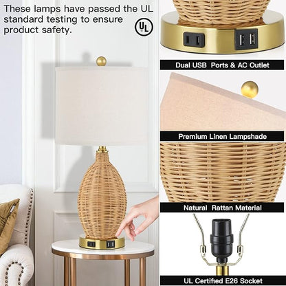Touch Control Rattan Table Lamps, 3 Way Dimmable Bedside Lamps for Bedroom Set of 2 with 2 USB Ports and AC Outlet, Wicker Nightstand Lamps for Living Room (LED Bulbs Included), Gold
