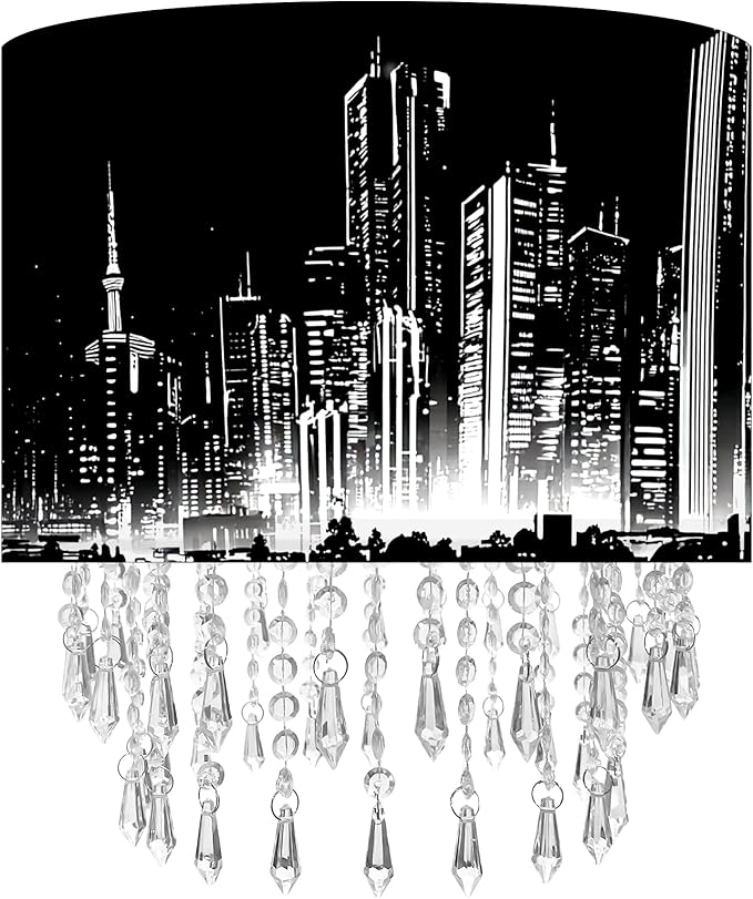 City Skyline Lamp Shade with Acrylic Bead Droplets, Black & White Drum Fabric Light Shade for Ceiling Pendant Table & Floor Lamps, Modern Home Decor, 11.8in