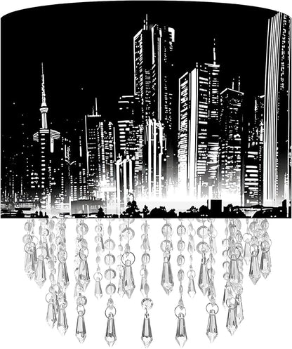 City Skyline Lamp Shade with Acrylic Bead Droplets, Black & White Drum Fabric Light Shade for Ceiling Pendant Table & Floor Lamps, Modern Home Decor, 11.8in