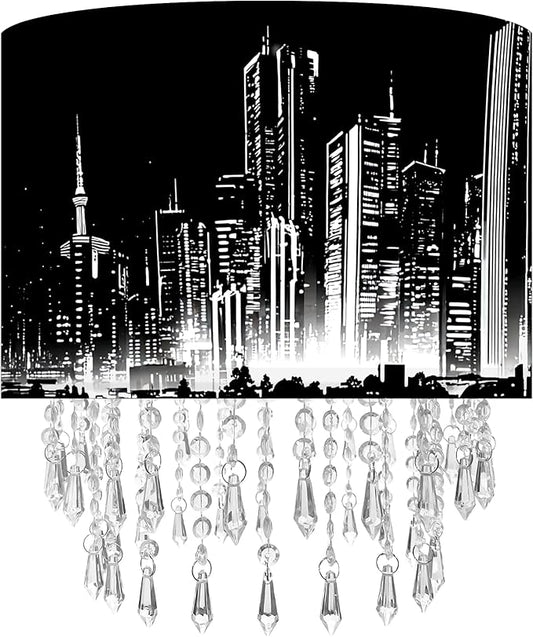 City Skyline Lamp Shade with Acrylic Bead Droplets, Black & White Drum Fabric Light Shade for Ceiling Pendant Table & Floor Lamps, Modern Home Decor, 11.8in