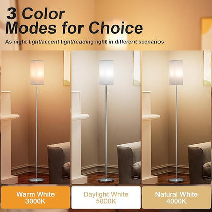 Floor Lamps for Living Room Bedroom - 3 Color Temperature Silver Floor Lamp Set of 2, Modern Standing Lamps with Pull Chain Switch White Shade, Tall Lamp for Corner Office(2 Pack)
