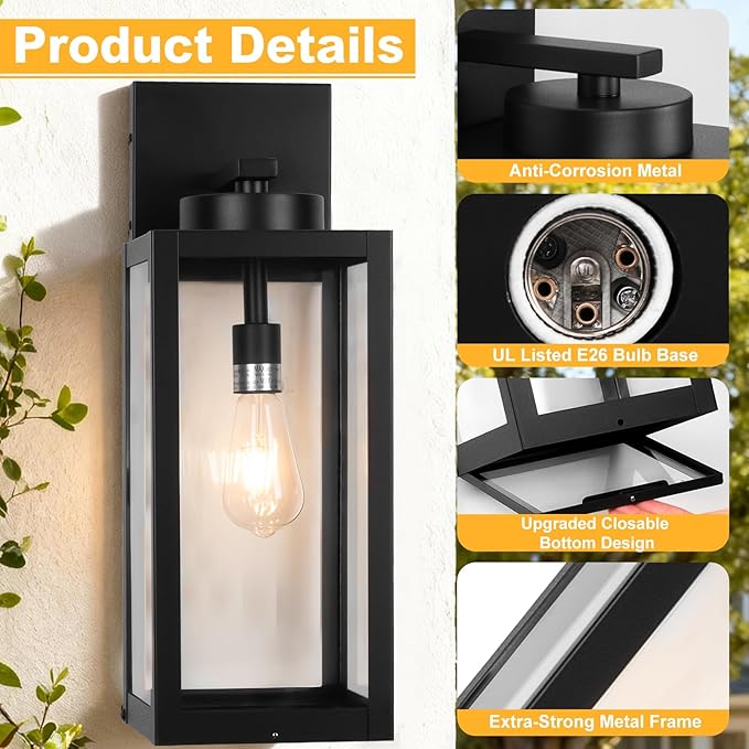 20" Large Outdoor Wall Lights with Closed Bottom - Black Outdoor Light Fixture Porch Lantern Wall Mounted, Waterproof Modern Exterior Wall Sconce Coach Lamps for House, E26, 2 Packs