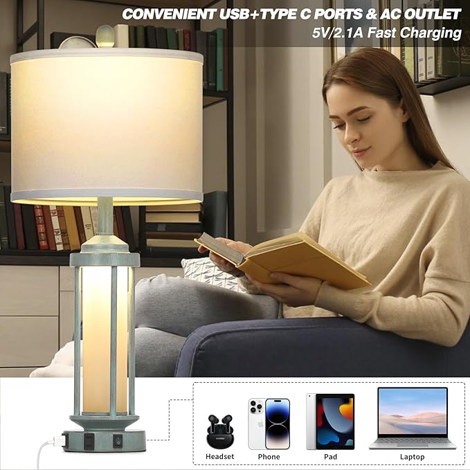 Farmhouse Table Lamps for Living Room, 27" Vintage Rustic Beside Lamp Set of 2 with USB A+C Charging Ports & AC Outlet, Retro Nightstand Lamp with Fabric Shade for Bedroom Entryway(4 Bulbs Included)
