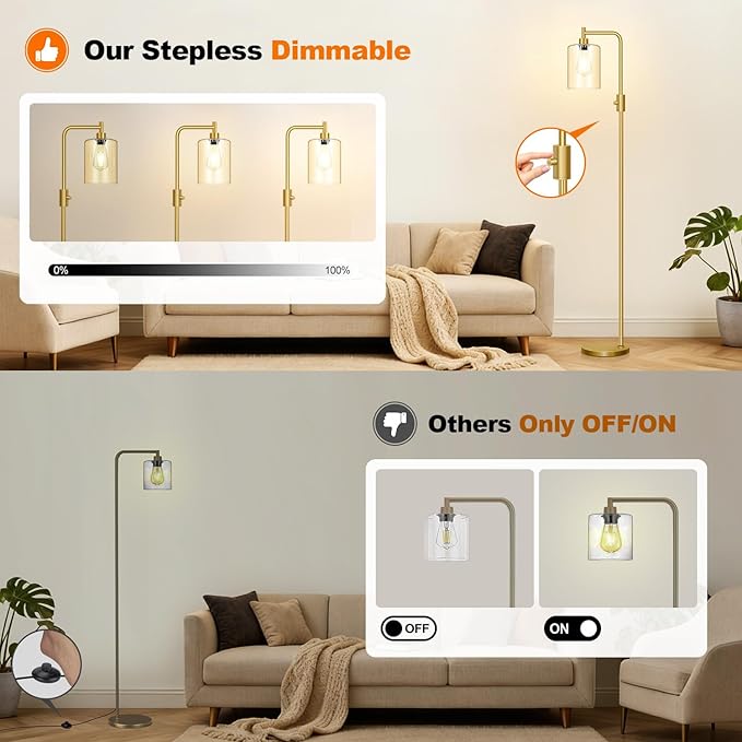 【Upgraded】Dimmable Gold Floor Lamp for Living Room with Clear Glass Lampshade, Glass Modern Floor Lamp with 900LM Edison Bulb Included, Standing Tall Lamp for Bedroom, Office, Reading Room, Corner