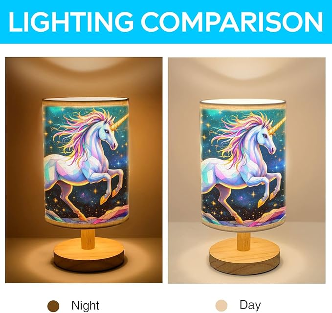 Unicorn Table Lamp LED 3-Color Pressed Bedside, Unicorn Shade Lamp with Wood Base for Bedroom Living Room Desk Office TL01
