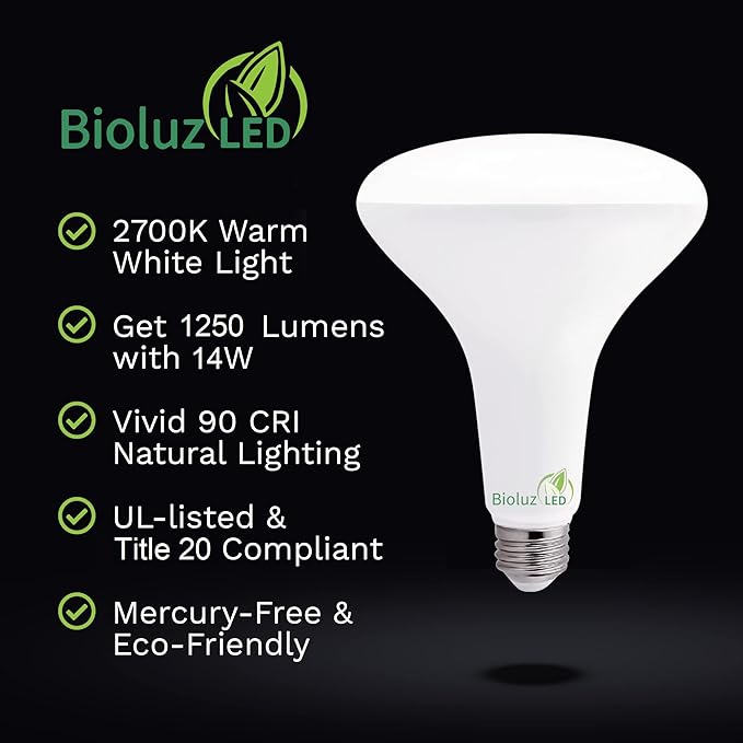 Bioluz 8 Pack LED Light Bulb BR40 Light Bulbs 2700K Warm White 90 CRI Dimmable UL-Listed CEC Title 20 Compliant 1250 Lumen Led Bulbs Outdoor/Indoor Flood Lights | Lightbulb for Outdoor Lighting