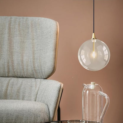 Minimalist Transparent Glass Ball Pendant Light in Gold Finish, Height Adjustable G4 LED Ceiling Haning Light for Dining Room & Living Room (25CM)