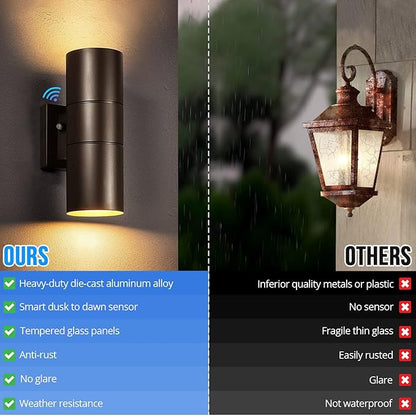 wowlite Modern Outdoor Wall Light with Dusk to Dawn Sensor 2 Pack, LED Cylinder Up Down Wall Light Outdoor 2700K Warmlight Bronze Exterior Light Fixture, IP65 Waterproof Wall Sconce for Porch Garage