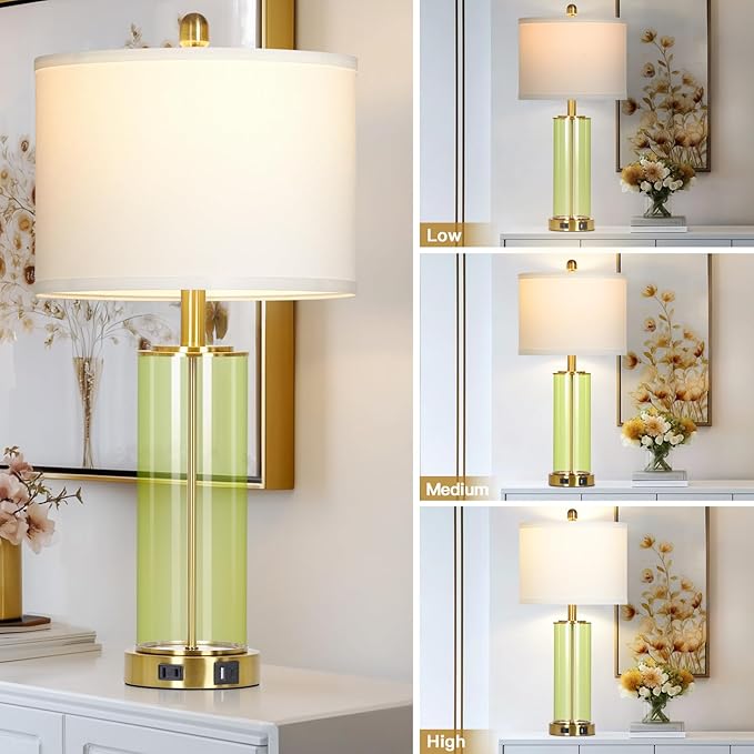 26" Green Glass Table Lamps for Bedside, Modern Living Room Lamps Set of 2, Elegant Coastal Bedroom Lamp with USB A+C Ports & AC Outlet, 3-Way Dimmable Touch Lamp for Nightstand Dining Table