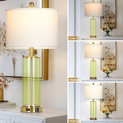 26" Green Glass Table Lamps for Bedside, Modern Living Room Lamps Set of 2, Elegant Coastal Bedroom Lamp with USB A+C Ports & AC Outlet, 3-Way Dimmable Touch Lamp for Nightstand Dining Table