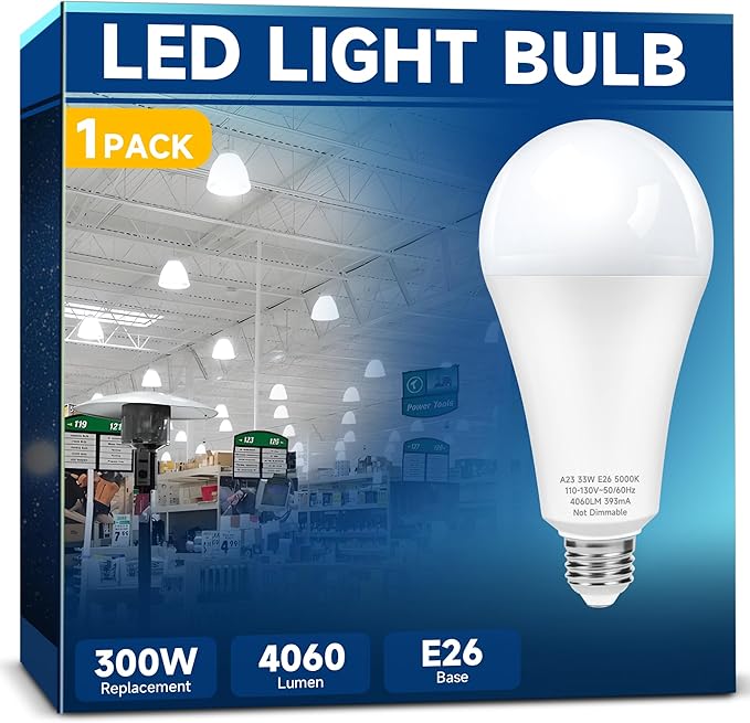 LED Light Bulb A23 300W Equivalent, Super Bright 4060 Lumen 5000k Cool Daylight White E26 Medium Base 33 Watt LED Bulb for Outdoor Indoor Lamp Area Garage Warehouse Workshop Street Backyard