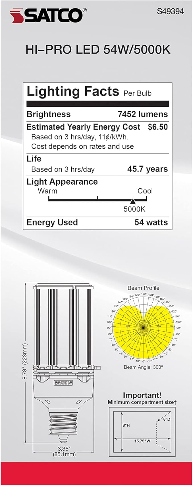 Satco S49394 Hi-Pro High Lumen LED Corncob Light Bulb, HID Replacement, 54 Watts, White