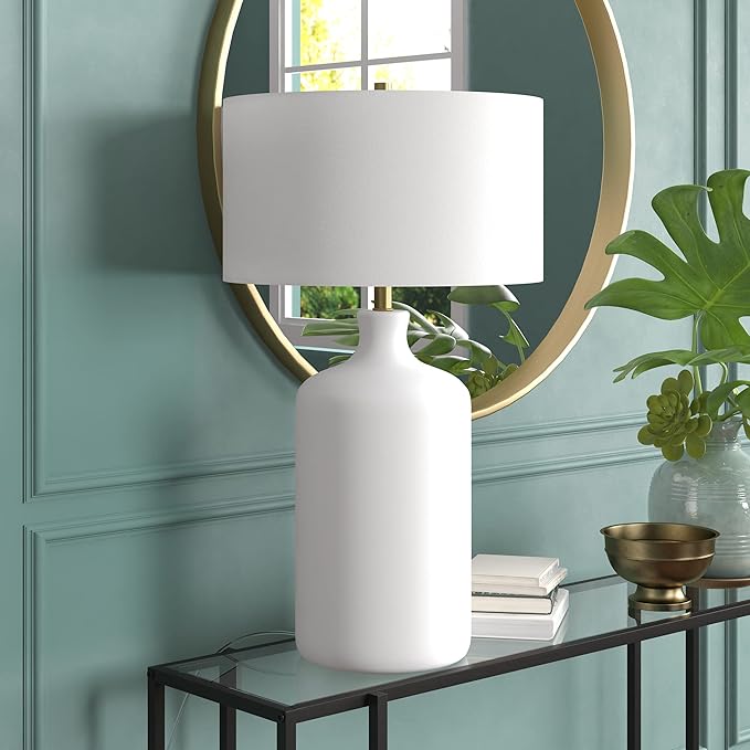 Henn&Hart 29'' Transitional 1-Light Table Lamp with White Fabric Drum Shade for Living Room, Bedroom, or Office, Matte White