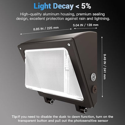 JTT LED Wall Pack Lights Outdoor with Dusk to Dawn Photocell, Selectable 75W/60W/45W, 9750LM/7800LM/5850LM, 6000K/5000K/4000K,Waterproof Flood Security Wall Pack Lighting for Garage Yard Parking Lot
