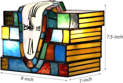 Bieye L12015 Melting Clock Draped Over a Stack of Books Tiffany Style Stained Glass Accent Table Lamp for Home Decoration