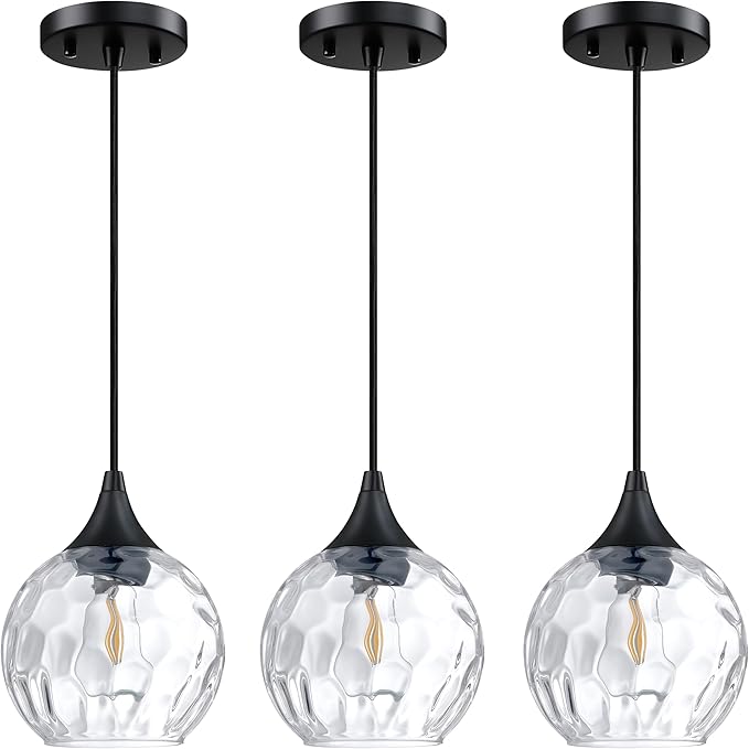 Doraimi Lighting 6.25" Texture Glass Pendant Light 3 Pack Pendant Ceiling Light Fixtures Black Finish Modern Farmhouse Dinning Over Sink Adjustable Height Cord