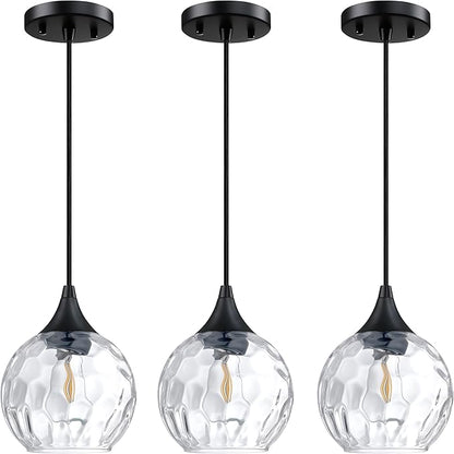 Doraimi Lighting 6.25" Texture Glass Pendant Light 3 Pack Pendant Ceiling Light Fixtures Black Finish Modern Farmhouse Dinning Over Sink Adjustable Height Cord