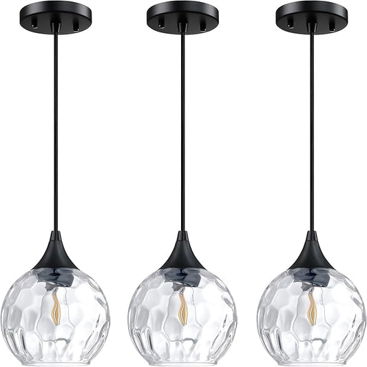 Doraimi Lighting 6.25" Texture Glass Pendant Light 3 Pack Pendant Ceiling Light Fixtures Black Finish Modern Farmhouse Dinning Over Sink Adjustable Height Cord