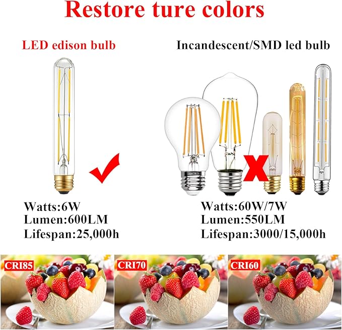 Arberlic 7.3 Inch T10 LED Bulb,6W E26 LED Bulb dimmable Equivalent E26 Bulb 60 watt,Neutral White 4000K,600lm,CRI85+,AC120V,Clear Glass Long Tubular Light Bulb,Flicker-Free,Pack of 6