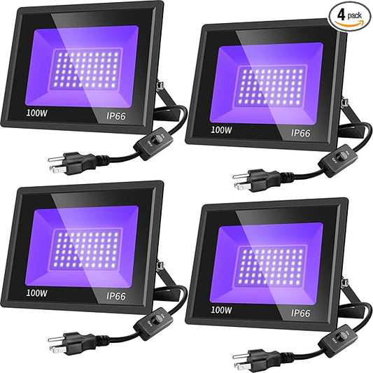 4 Pack 100W LED Black Lights, Blacklight Flood Light with Plug & Switch, IP66 Outdoor Waterproof Blacklight for Halloween Party, Stage Light, Body Paint, Neon Glow 110V~265V AC