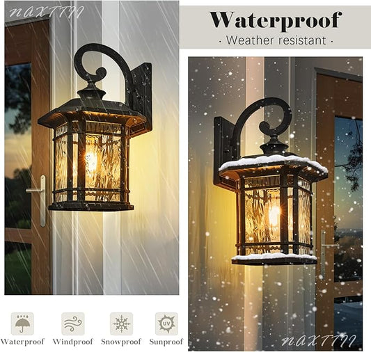 Matte Black Outdoor Wall Lights 16.7 Inch Height Waterproof Outdoor Wall Sconce Exterior Wall Light Fixtures with Water Ripple Glass for Garage Patio Front Door