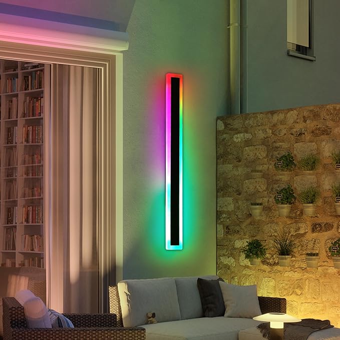 31.4inch Outdoor RGB Long Wall Light, 10 Colour Variations Dimmable Modern LED Wall Sconce, IP65 Waterproof 3000K-6000K Simple Acrylic Exterior Lighting Fixture for Garage, Front Door, Porch, Patio