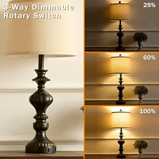 27.5" Farmhouse Table Lamps Set of 2 Bedside Nightstand Lamp with USB C+A Ports & AC Outlet, 3 Way Dimmable Lamps for Bedroom Living Room Office Rustic Lamp (Rotary Switch-Black)