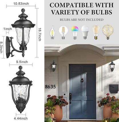 Wall Mounted Outdoor Light Fixtures,Water Ripple Glass Outdoor Lights,18.7Inch Exterior Light Fixtures Wall Mount,Vintage Style Waterproof Black Porch Light Outside Lights For House,Front Porch