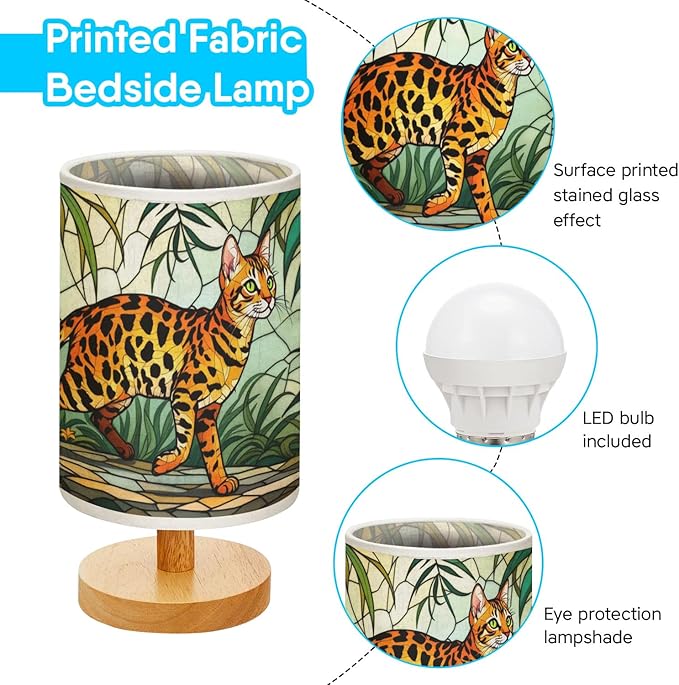 Bengal Cat Table Lamp LED 3-Color Pressed Bedside, Bengal Cat Shade Lamp with Wood Base for Bedroom Living Room Desk Office TL01