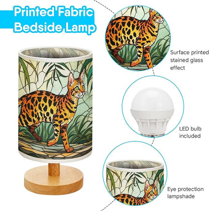 Bengal Cat Table Lamp LED 3-Color Pressed Bedside, Bengal Cat Shade Lamp with Wood Base for Bedroom Living Room Desk Office TL01