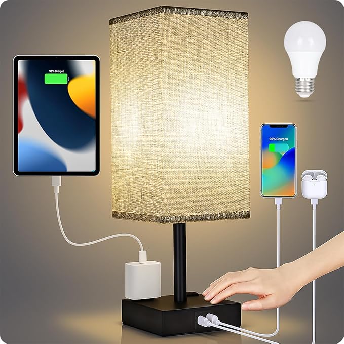 Soilsiu Bedside Table Lamp for Bedroom - Touch Small Lamp with USB C+A Charging Ports & AC Outlets, 3 Way Dimmable Nightstand Light for Living Room (LED Bulb Included, Grey)
