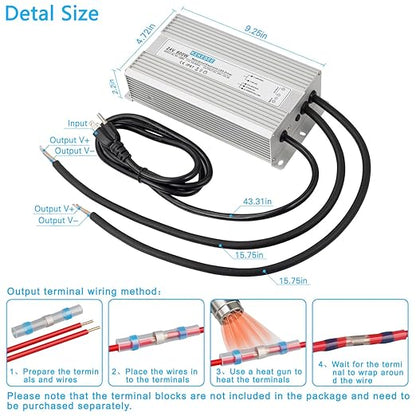 LED Driver 24V800W Waterproof Power Supply 90-130V to 24V33.3A AC to DC Converter IP67 Low Voltage Transformer Suitable for Indoor and Outdoor LED Lighting and Any 24V DC Device