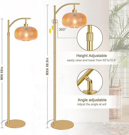 Glass Floor Lamp for Living Room with Amber Glass Lampshade, Dimmable Modern Standing Lamp with 12W LED Bulb, Remote Control Tall Lamp for Bedroom