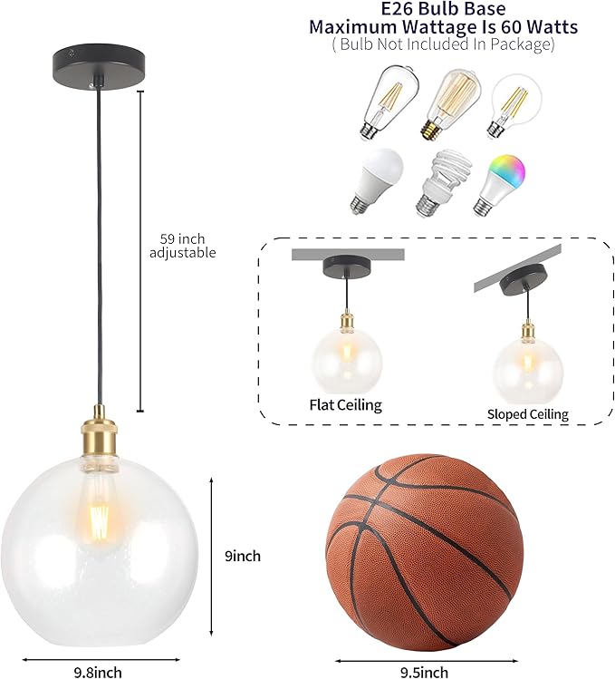 Globe Pendant Lights Kitchen Island Lighting Clear Glass Globe Pendant Light Fixtures Modern Kitchen Island Lighting for Dining Room Bedroom -9.8inch