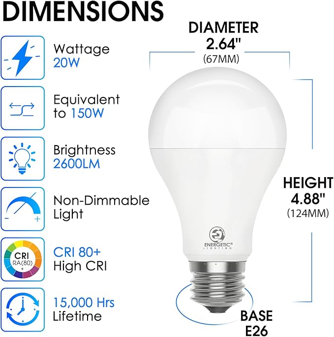 Energetic 6 Pack 150 Watt Light Bulb, 2600LM Super Bright, A21 LED Bulb, Daylight 5000K, High Lumens LED Bulb, Non-Dimmable, E26 Standard Base, Damp Rated, UL Listed