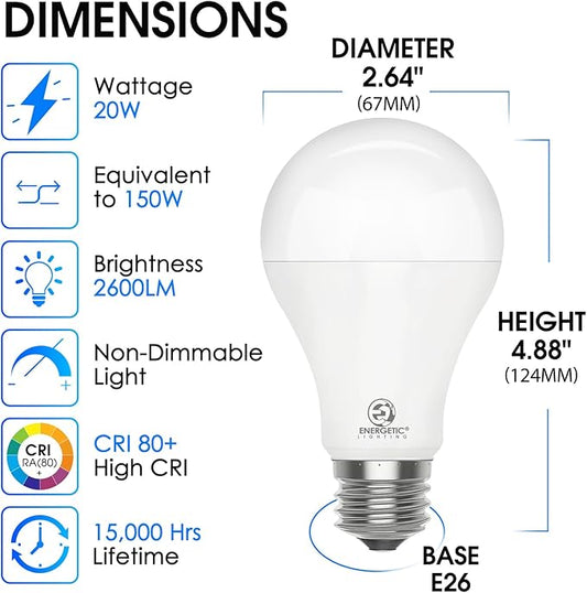 E ENERGETIC LIGHTING 6 Pack 150 Watt Light Bulb, 2600LM Super Bright, A21 LED Bulb, Warm White 3000K, High Lumens LED Bulb, Non-Dimmable, E26 Standard Base, Damp Rated, UL Listed
