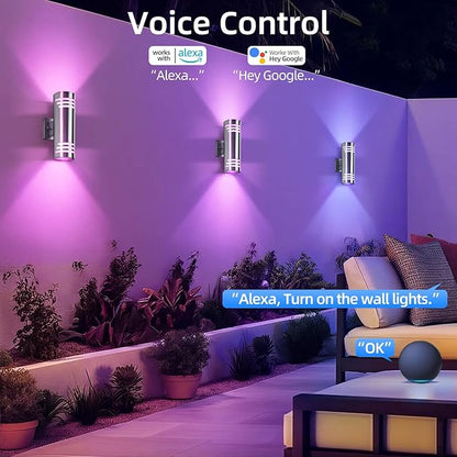 SHIMR Smart Porch Lights RGBCW 2 Pack, Color Changing Outdoor Wall Lights Stainless Steel Outdoor Light Fixture with Remote for House Garage, Compatible with Alexa Google Assistant